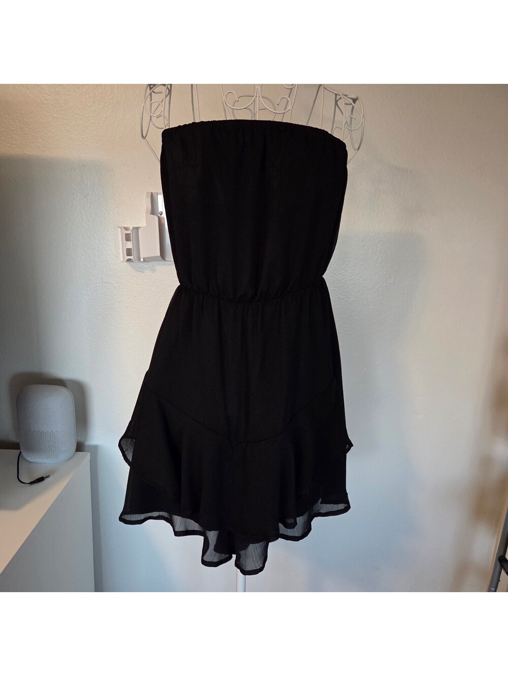 Express Strapless Black Romper with Ruffle Hem, Size M